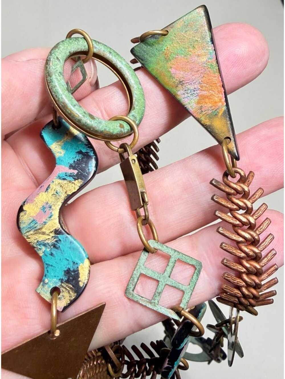 Statement Necklace Mixed Metal Copper Brass Multicolor Modernist Aprox 31 Inch